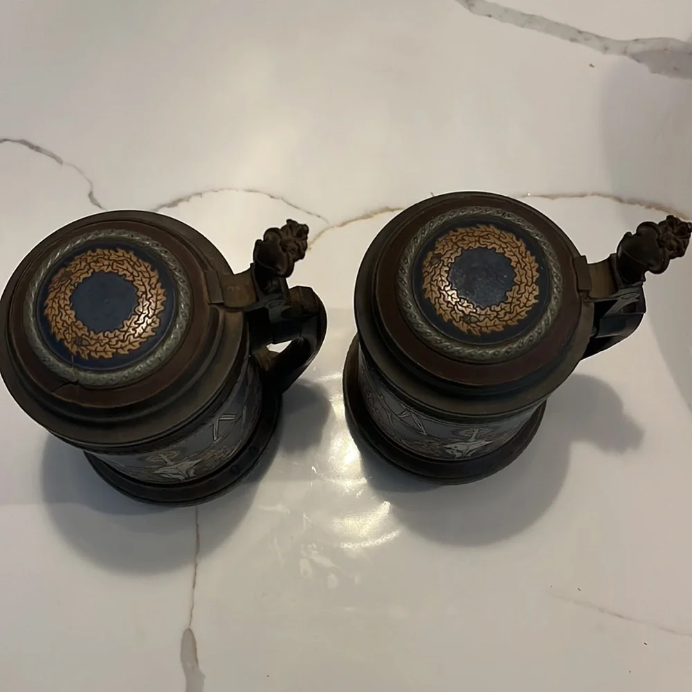 Vintage Mettlach German Beer Steins w/ lid matching 2pc set skull & cross - Picture 2 of 9